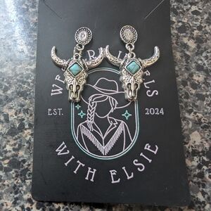 Silver Bull Skull Earrings with Turquoise Accents